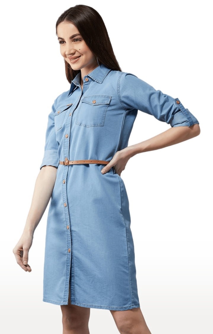 Women's Blue Cotton Solid Shirt Dress