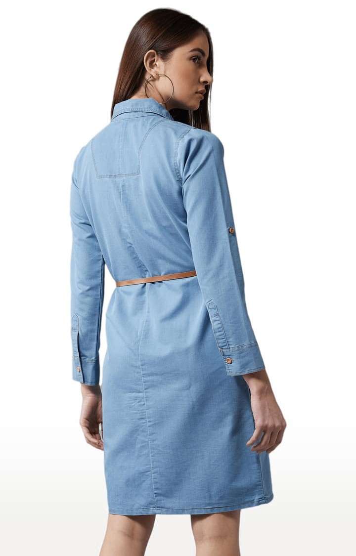 Women's Blue Cotton Solid Shirt Dress