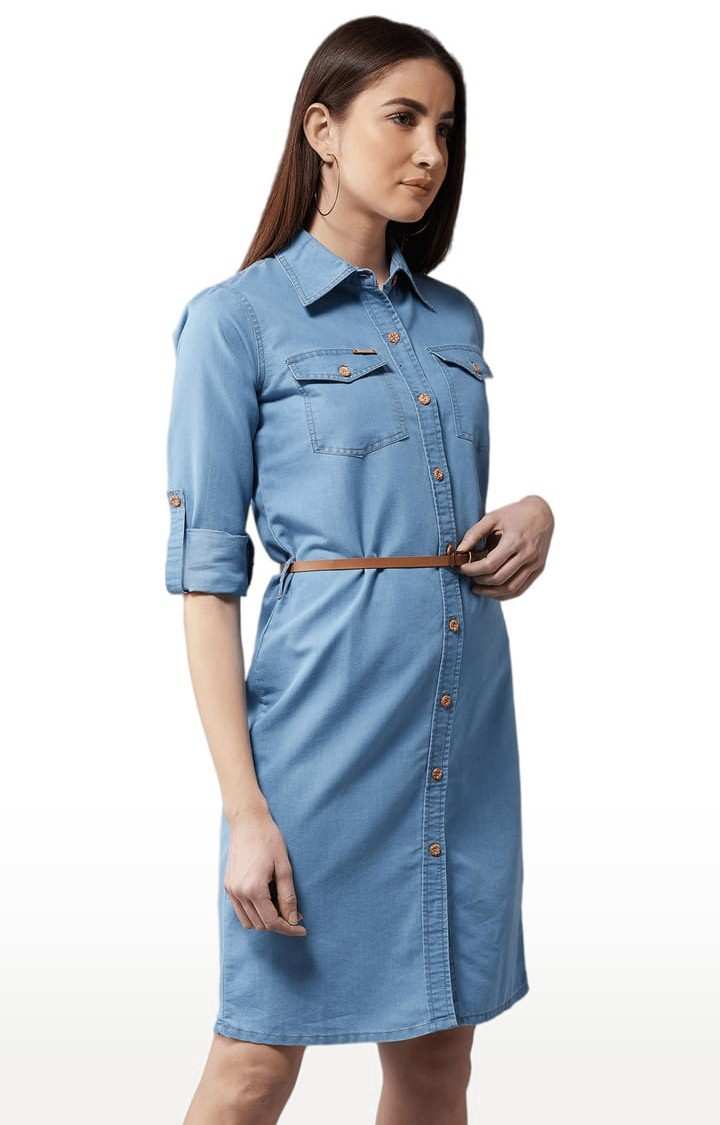 Women's Blue Cotton Solid Shirt Dress