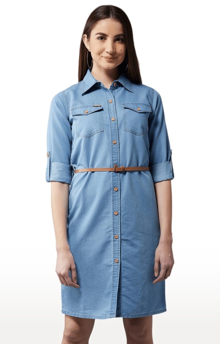 Dolce Crudo | Women's Blue Cotton Solid Shirt Dress