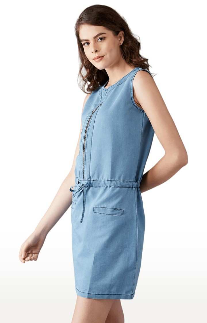 Women's Blue Cotton Solid Shift Dress