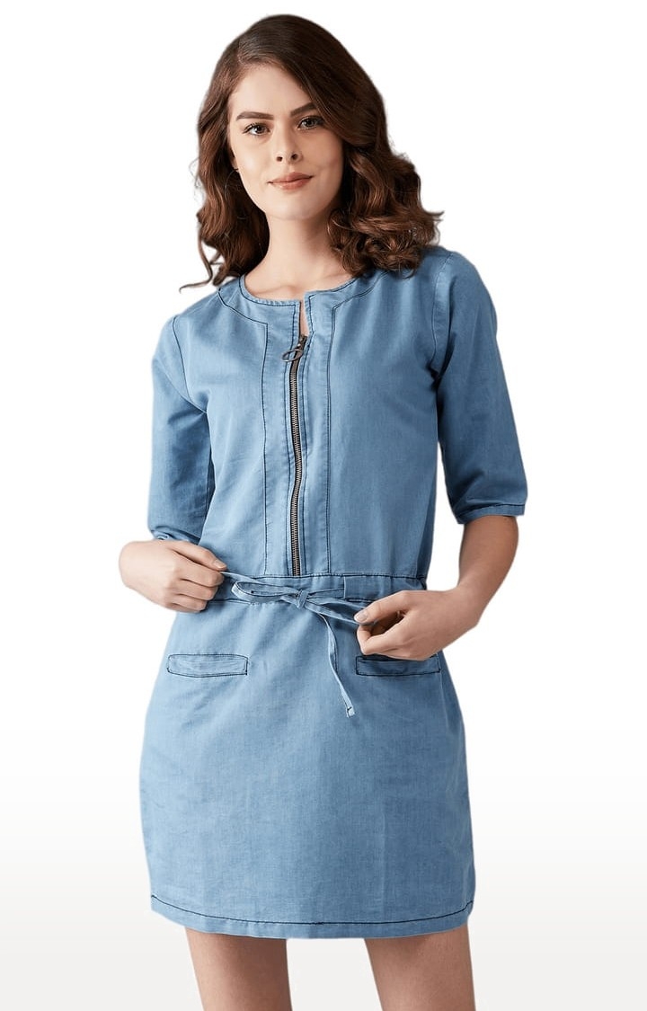 Women's Blue Cotton Solid Shift Dress