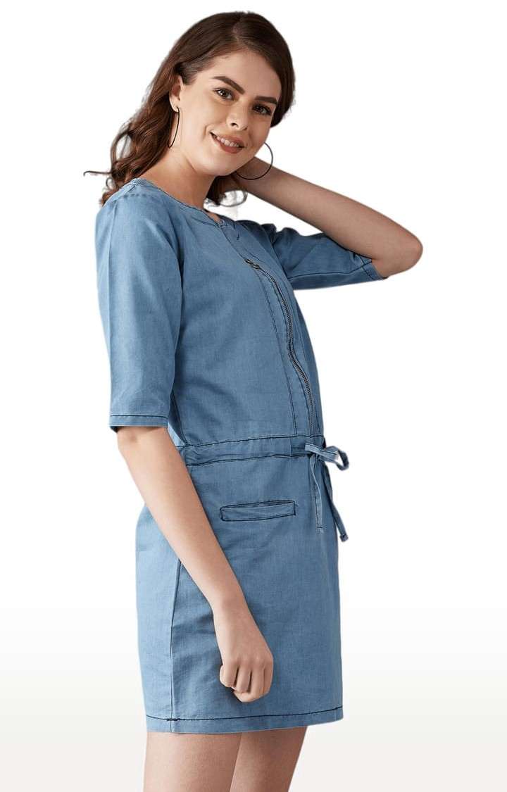 Women's Blue Cotton Solid Shift Dress