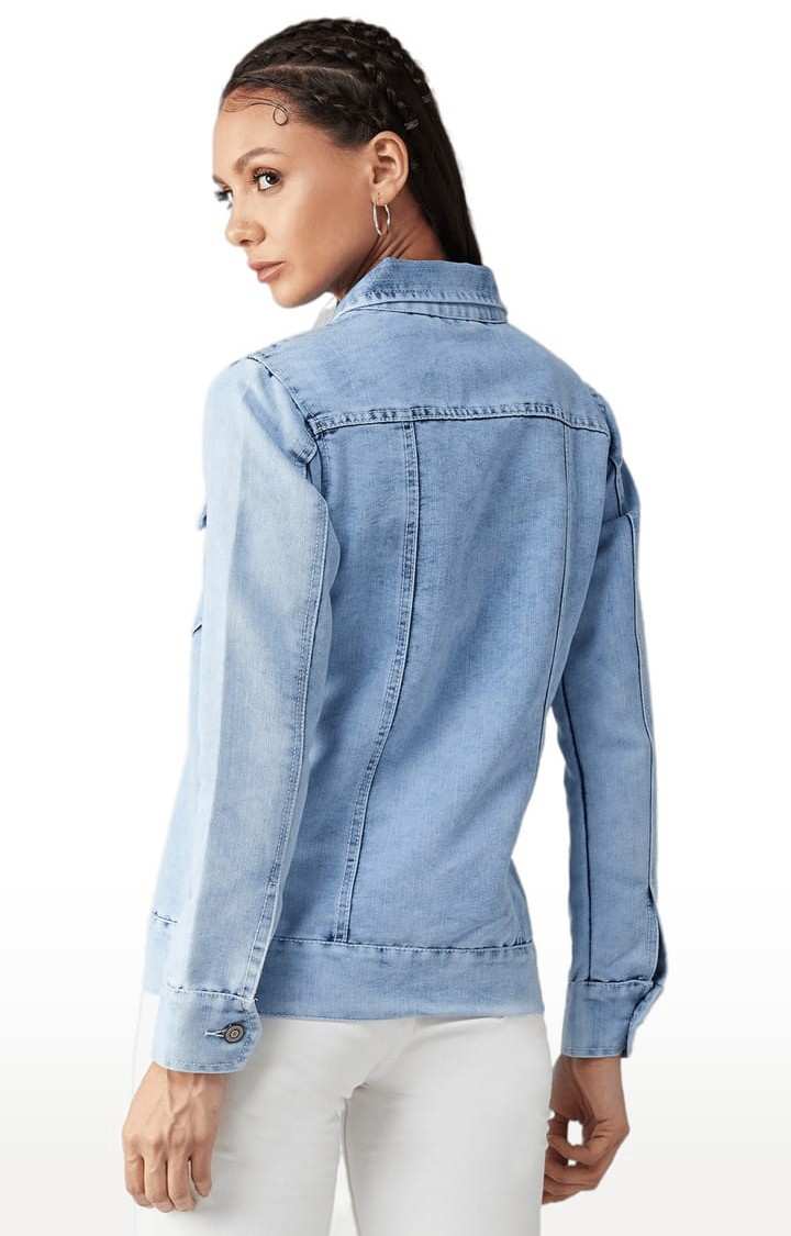 Women's Light Blue Cotton Solid Denim Jacket