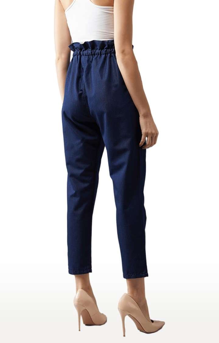 Women's Blue Cotton Solid Casual Pants