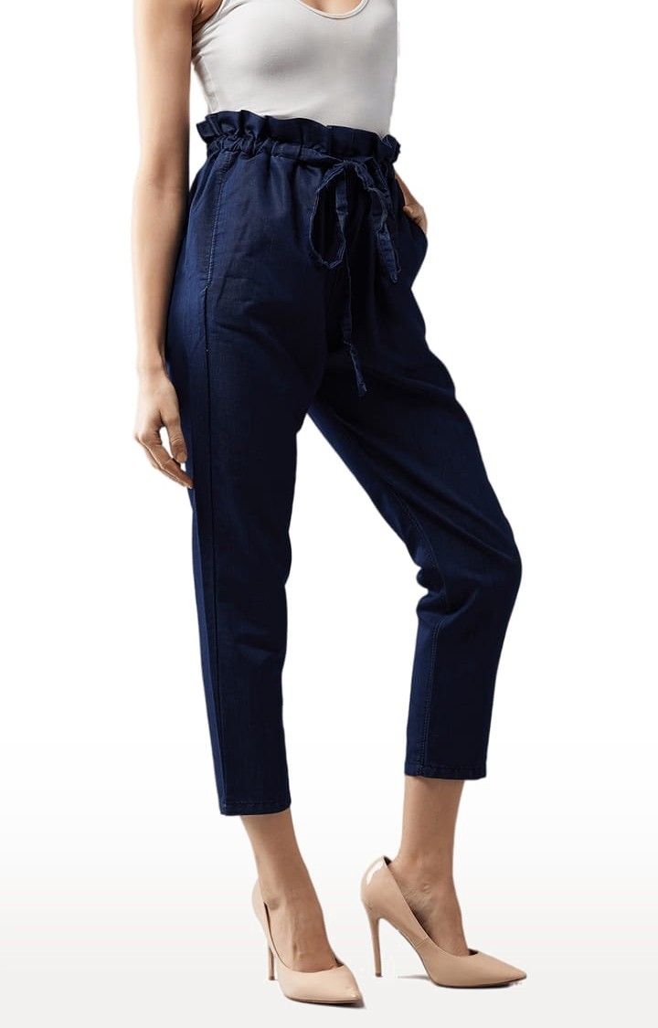 Women's Blue Cotton Solid Casual Pants