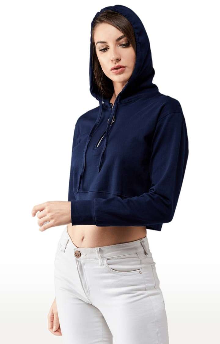 Women's Navy Blue Cotton Solid Sweatshirt