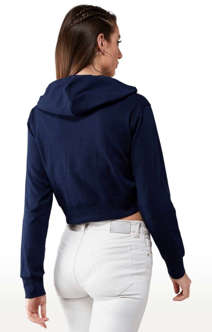 Women's Navy Blue Cotton Solid Sweatshirt