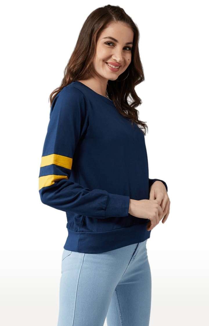 Women's Navy Blue Cotton Solid Sweatshirt