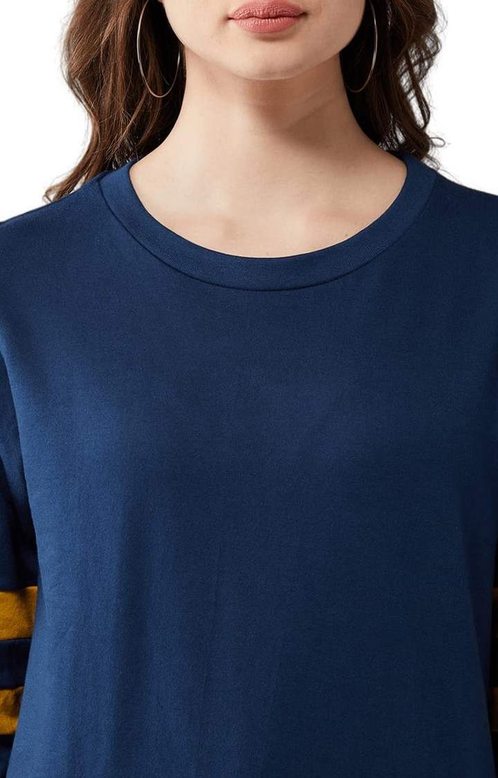 Women's Navy Blue Cotton Solid Sweatshirt