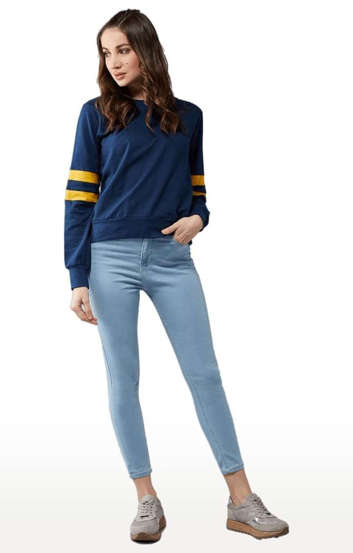 Women's Navy Blue Cotton Solid Sweatshirt