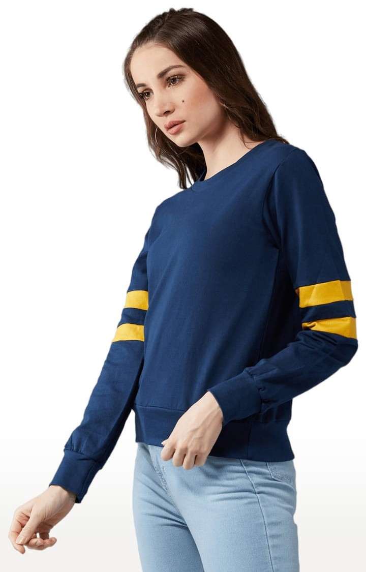 Women's Navy Blue Cotton Solid Sweatshirt