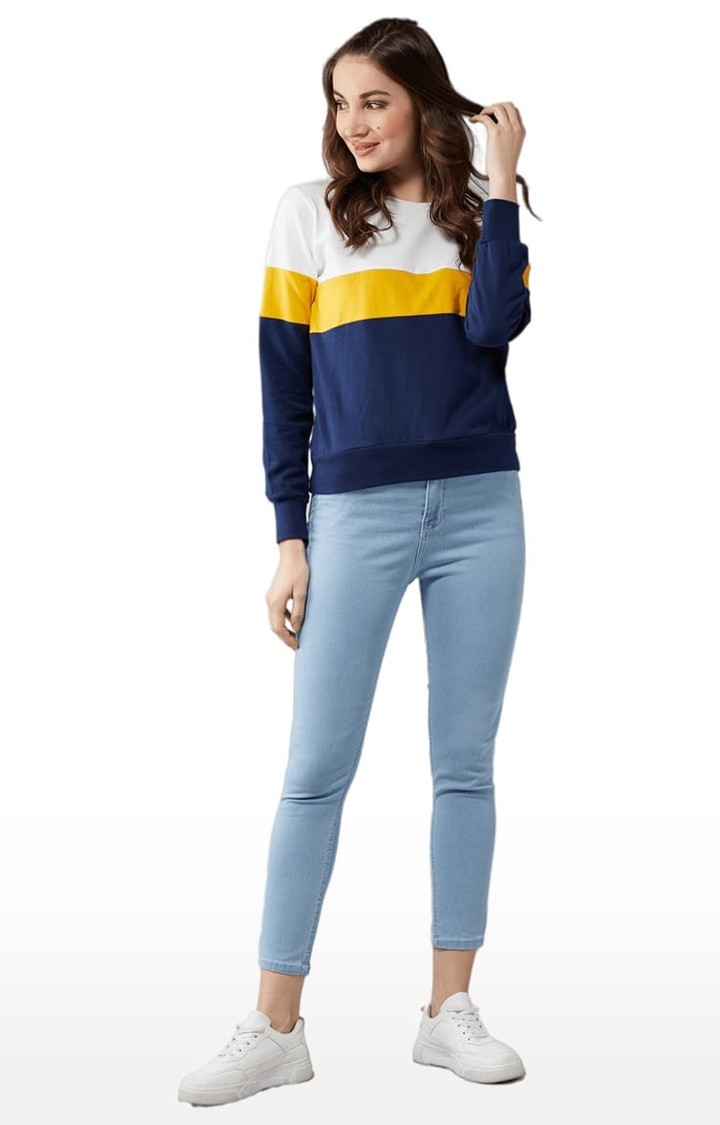 Women's Multicolor-Base Navy Blue Cotton Colourblock Sweatshirt