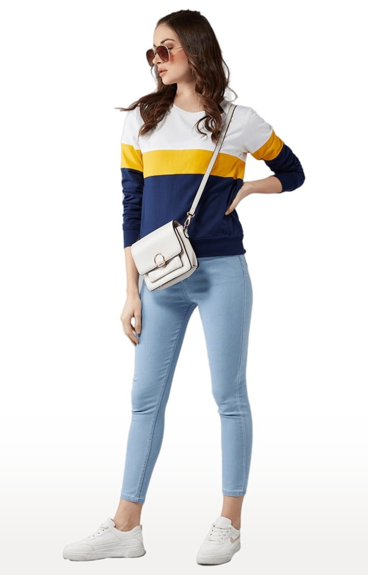 Dolce Crudo | Women's Multicolor-Base Navy Blue Cotton Colourblock Sweatshirt 2