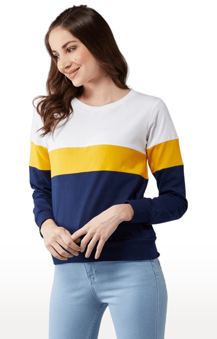 Women's Multicolor-Base Navy Blue Cotton Colourblock Sweatshirt