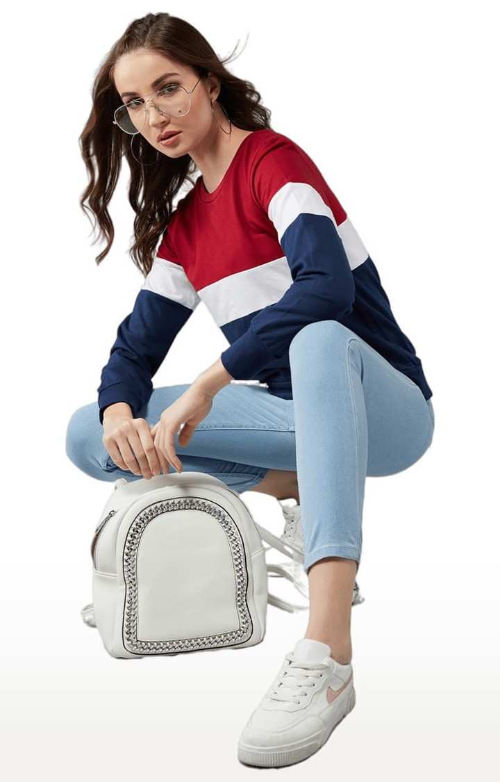 Women's Multicolor-Base Navy Blue Cotton Colourblock Sweatshirt