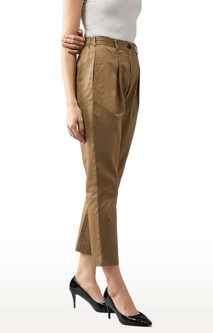 Women's Khaki Cotton Solid Casual Pants
