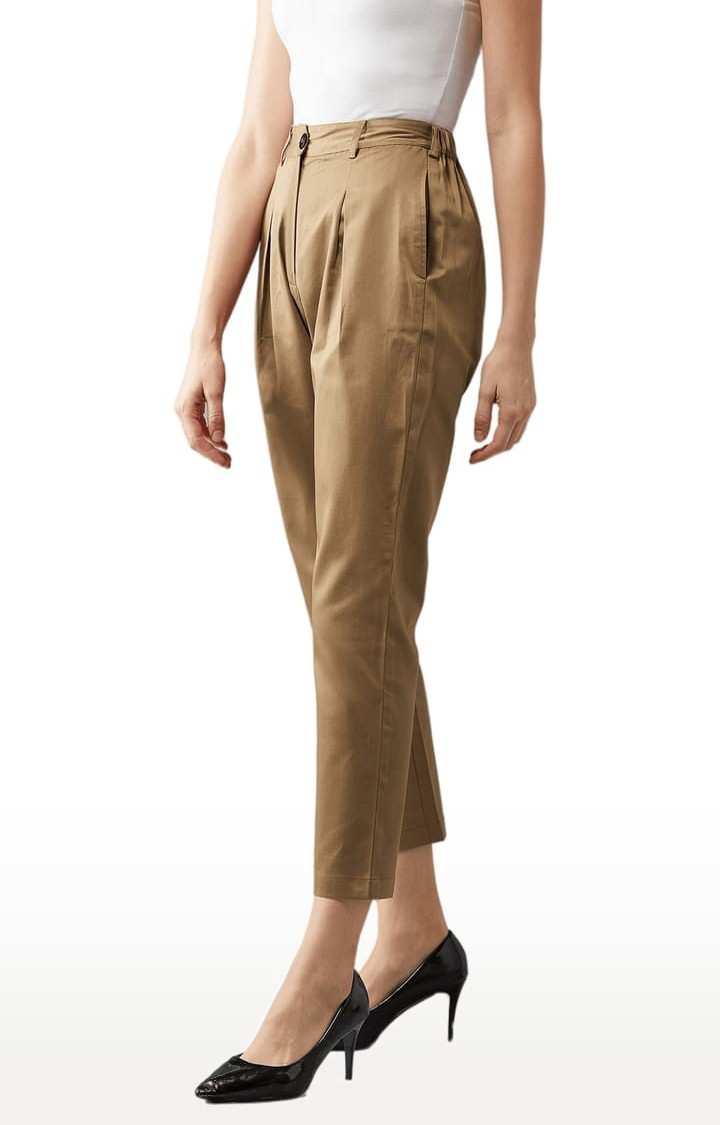 Women's Khaki Cotton Solid Casual Pants