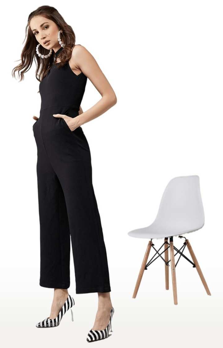 Women's Black Cotton Solid Jumpsuits