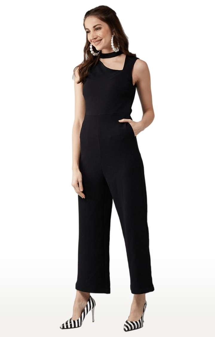 Women's Black Cotton Solid Jumpsuits