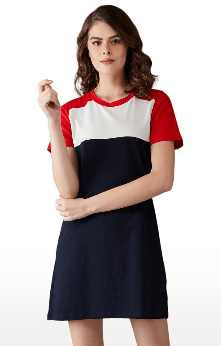 Dolce Crudo | Women's Navy Blue, White, Red  Cotton Colourblock Dresses