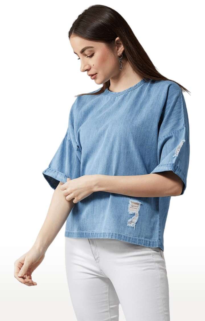 Women's Light Blue Cotton Solid Tops