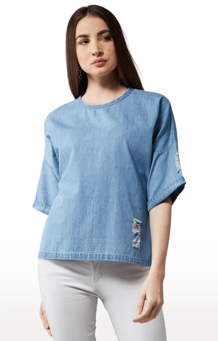 Women's Light Blue Cotton Solid Tops