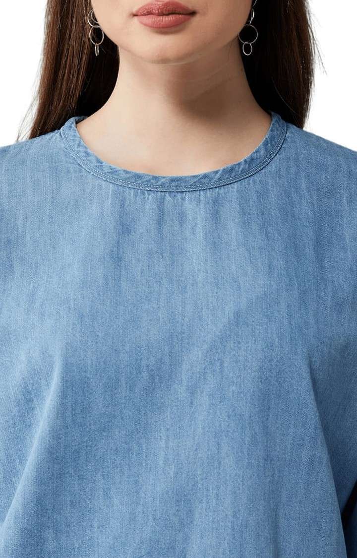 Women's Light Blue Cotton Solid Tops