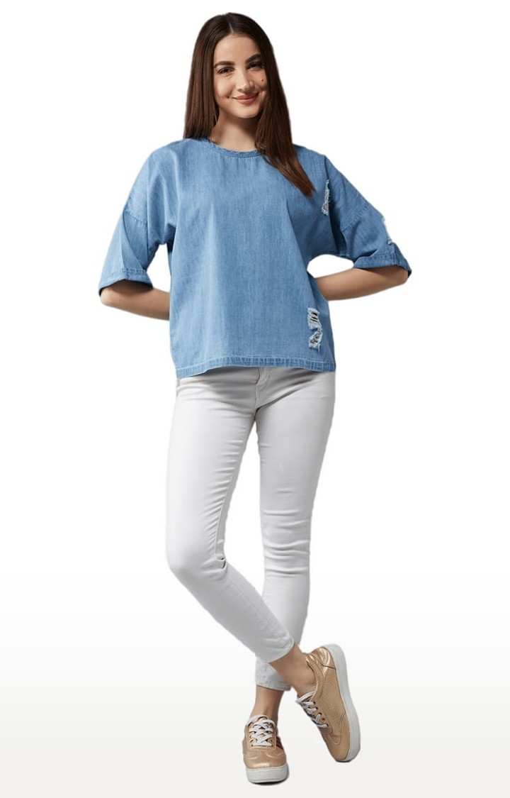 Women's Light Blue Cotton Solid Tops