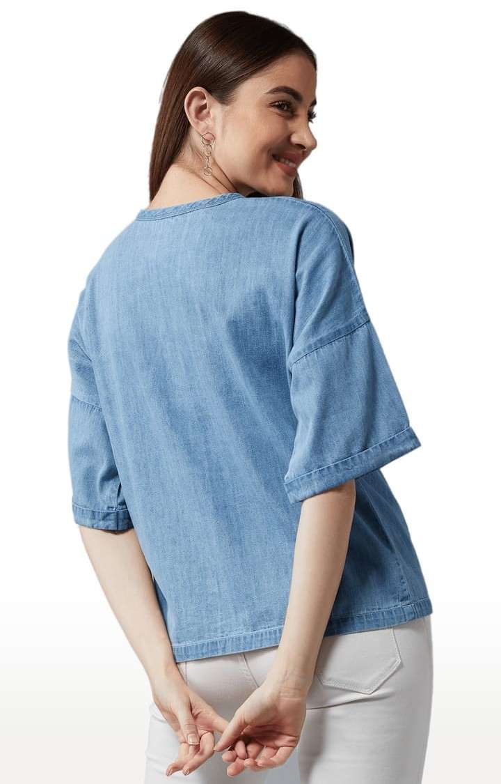 Women's Light Blue Cotton Solid Tops