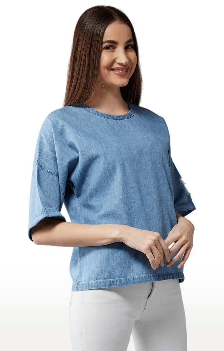 Women's Light Blue Cotton Solid Tops