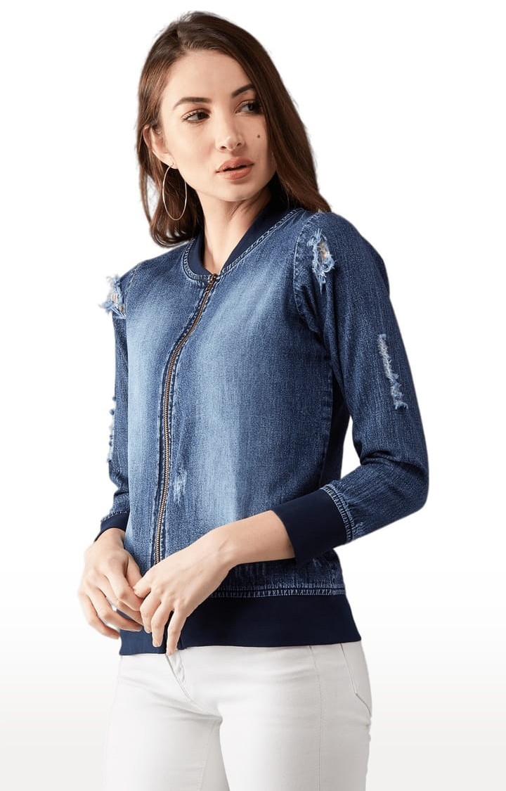 Women's Navy Blue Cotton Solid Denim Jacket