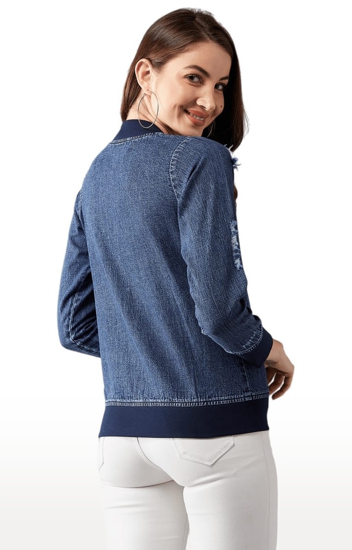 Women's Navy Blue Cotton Solid Denim Jacket