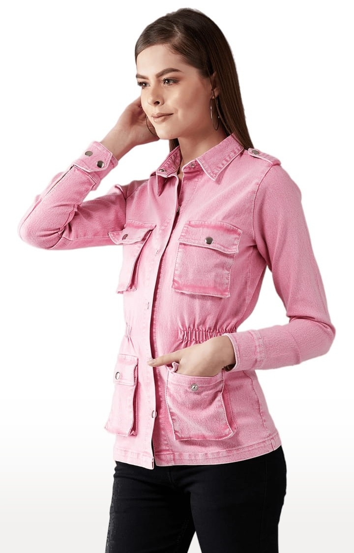Women's Pink Cotton Solid Denim Jacket