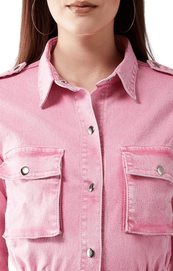Women's Pink Cotton Solid Denim Jacket