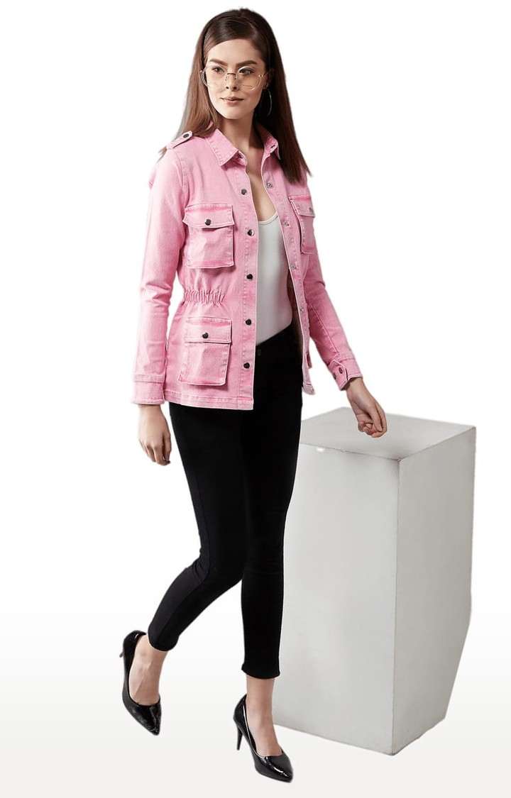 Women's Pink Cotton Solid Denim Jacket