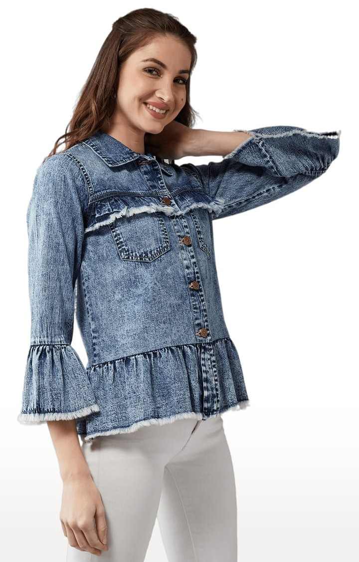 Women's Blue Cotton Solid Denim Jacket