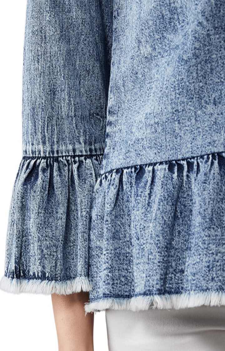 Women's Blue Cotton Solid Denim Jacket