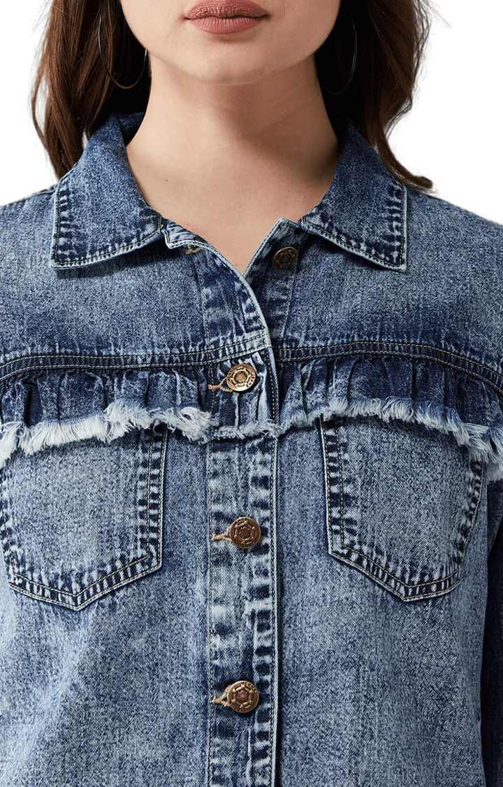 Women's Blue Cotton Solid Denim Jacket