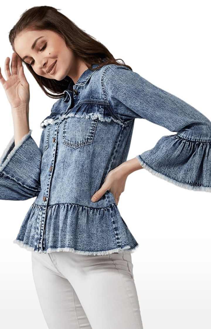 Women's Blue Cotton Solid Denim Jacket