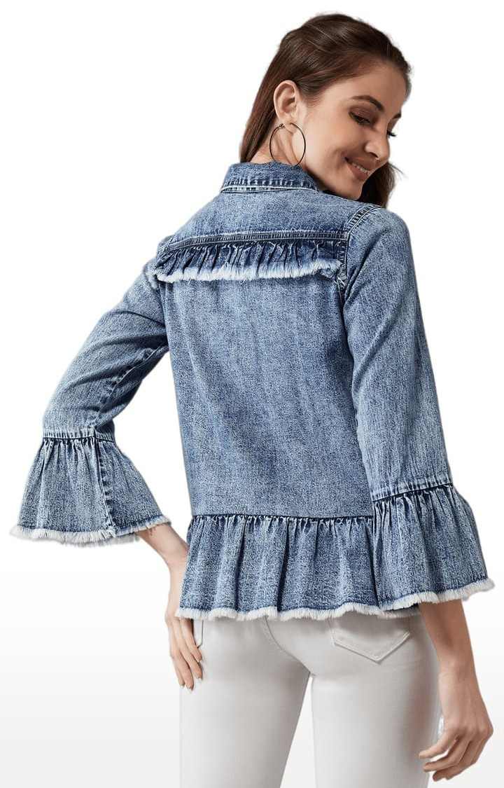 Women's Blue Cotton Solid Denim Jacket