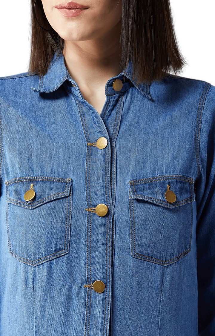 Women's Blue Cotton Solid Denim Jacket