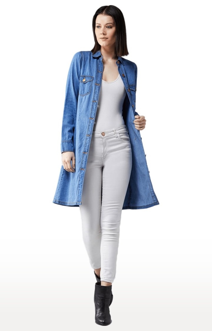 Women's Blue Cotton Solid Denim Jacket
