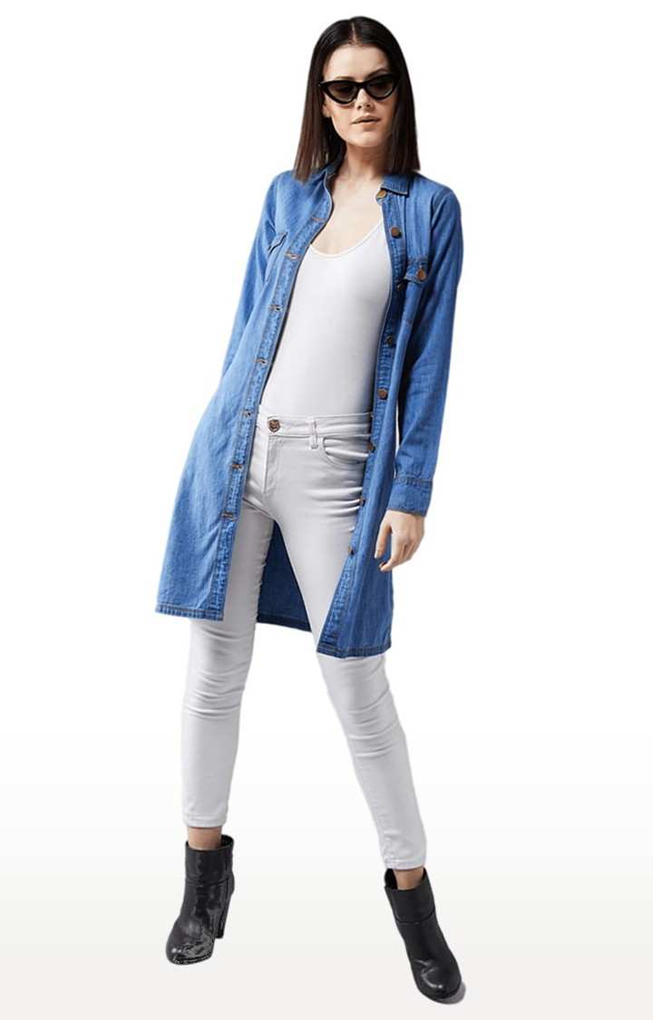 Women's Blue Cotton Solid Denim Jacket