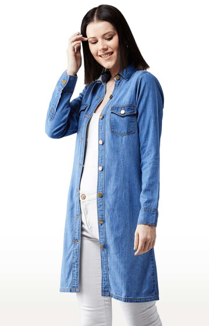 Women's Blue Cotton Solid Denim Jacket