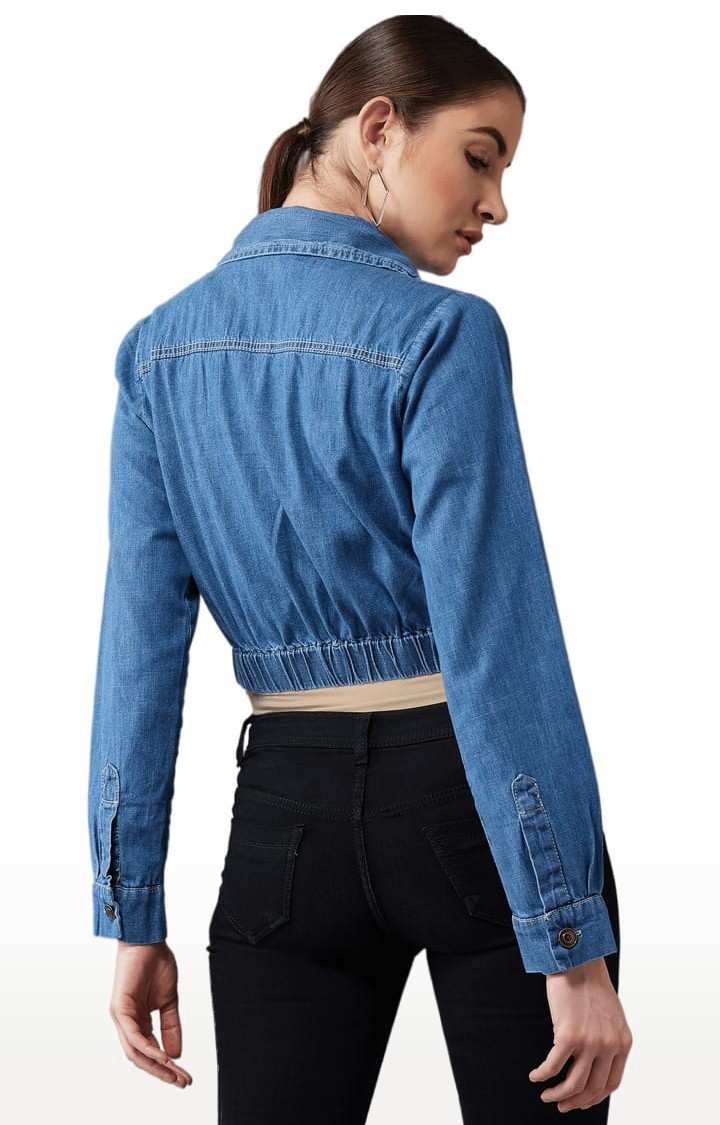 Women's Blue Cotton Solid Denim Jacket