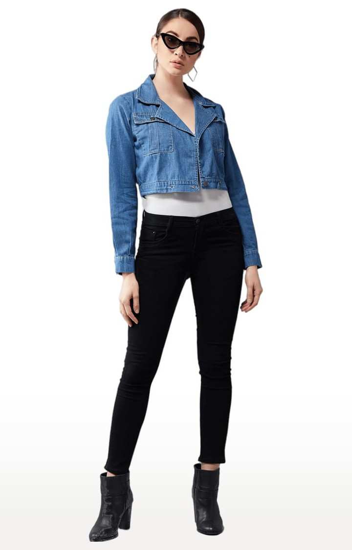 Women's Blue Cotton Solid Denim Jacket