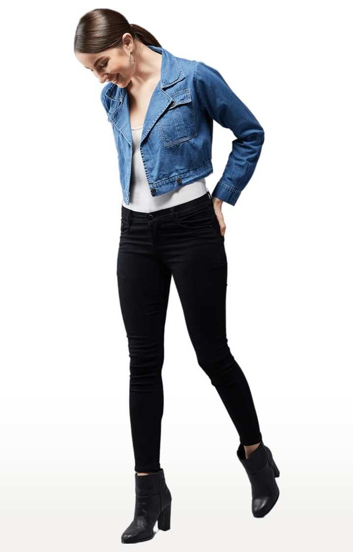 Women's Blue Cotton Solid Denim Jacket