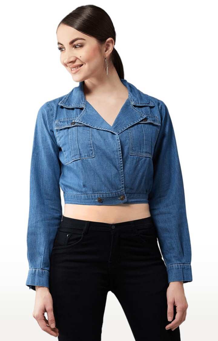 Women's Blue Cotton Solid Denim Jacket