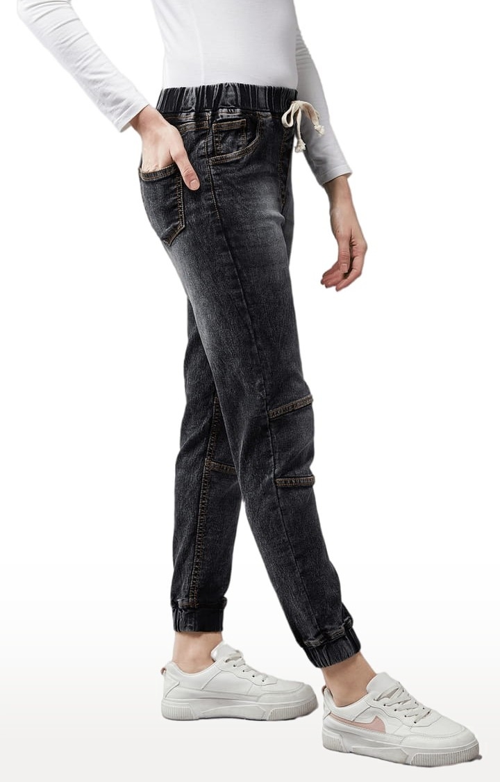 Women's Black Cotton Solid Joggers Jeans - Dolce Crudo